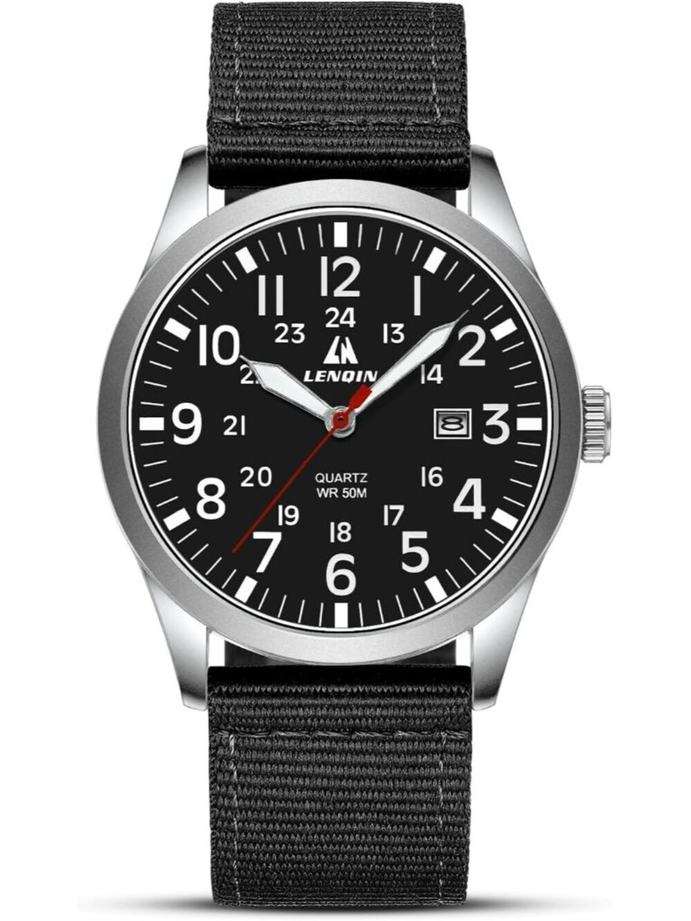 LN LENQIN Men's Black Classic Military Analog Quartz Waterproof Nylon Band Watch